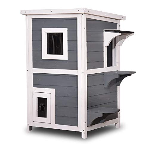 Lovupet 2 Story Wooden Outdoor/Indoor Cat Shelter House Condo with Escape Door 6012-0508 (Grey)