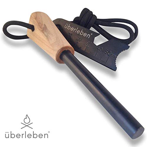 überleben Zünden Fire Starter | 5/16, 3/8 or 1/2 Thick Bushcraft Fire Steel with Handcrafted Wood Handle | 12,000-20,000 Strikes | Traditional Survival Ferro Rod | Neck Lanyard | Fatty 1/2