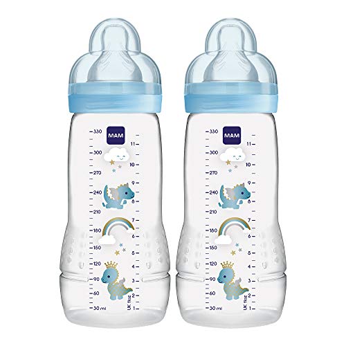 MAM Easy Active Bottle 11 oz (2-Count), Fast Flow Baby Bottles with Silicone Nipples, 4+ Month Baby Essentials, Baby Boy, Designs May Vary