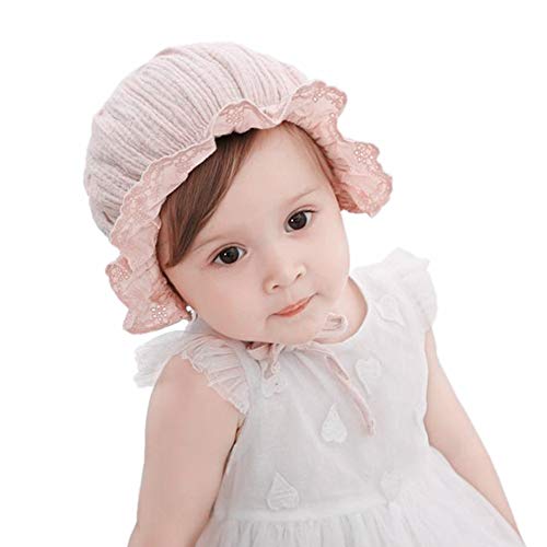 Baby Girl Toddlers Breathable Lacy Bonnet Eyelet Cotton Adjustable Sun Protection Hat (Flowers Pink)