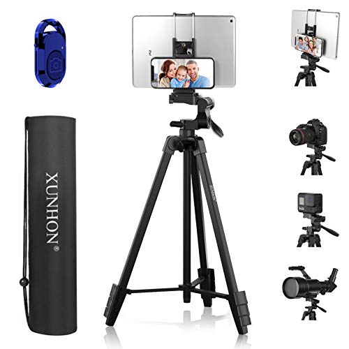 Tripod Lightweight 55-inch, Aluminum Travel/Camera/Phone Tripod with 360 Degree Head (6.6 lb Max Load), Bluetooth, Carry Bag, Phone Adapter,1/4