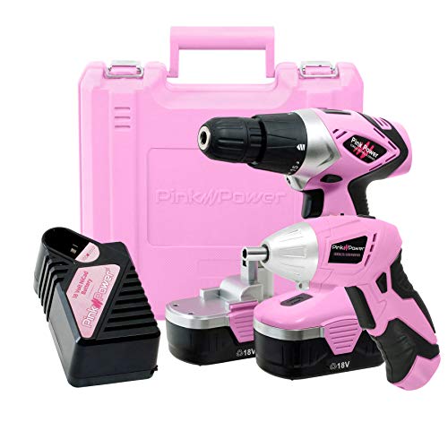 Pink Power Drill and Electric Screwdriver Tool Kit PP1848K 18 Volt Cordless Drill Set with Charger and Bit Set