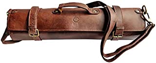 Rustic Town Leather Knife Roll Storage Bag | Elastic and Expandable 11 Pockets with Tool Pouch | Adjustable/Detachable Shoulder Strap | Travel-Friendly Chef Knife Case Roll (Walnut Brown)