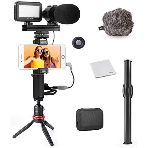 Movo Smartphone Video Rig Kit V7+ with Tripod, Grip Rig, Pro Stereo Microphone, LED Light and Remote - YouTube Equipment for iPhone 5, 5C, 5S, 6, 6S, 7, 8, X, XS, XS Max, 11, 11 Pro, Samsung Galaxy