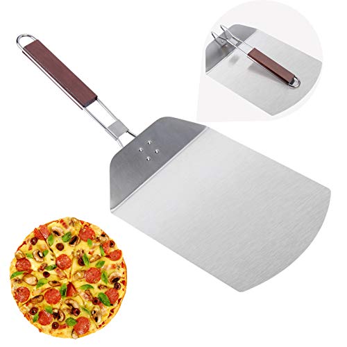 Pizza Peel, McoMce Stainless Steel Metal Pizza Paddle with Foldable Long Wooden Handle, Pizza Spatula Outdoor Pizza Oven Accessories Pizza Stone for Baking Homemade 10 Inches Pizza and Bread