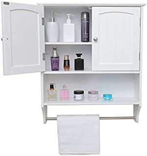 IWELL Wall Bathroom Cabinet with 1 Adjustable Shelf & Towels Bar, Over The Toilet Space Saver Storage Cabinet, Medicine Cabinet with 2 Doors, Cupboard White