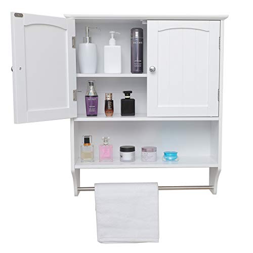 IWELL Wall Bathroom Cabinet with 1 Adjustable Shelf & Towels Bar, Over The Toilet Space Saver Storage Cabinet, Medicine Cabinet with 2 Doors, Cupboard White