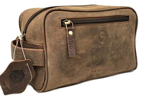 Mens Dopp Kit Leather Toiletry Bag For Men Shaving Kit for Travel, Unisex Brown Grooming Kit Bathroom Accessories Case Perfect for Men & Women