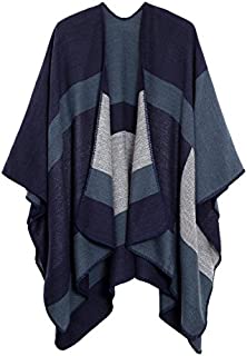 Urban CoCo Women's Color Block Shawl Wrap Open Front Poncho Cape (Series 17-Navy Blue)