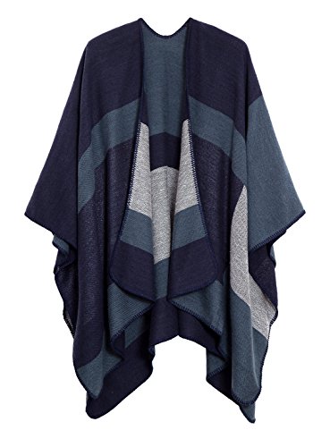 Urban CoCo Women's Color Block Shawl Wrap Open Front Poncho Cape (Series 17-Navy Blue)