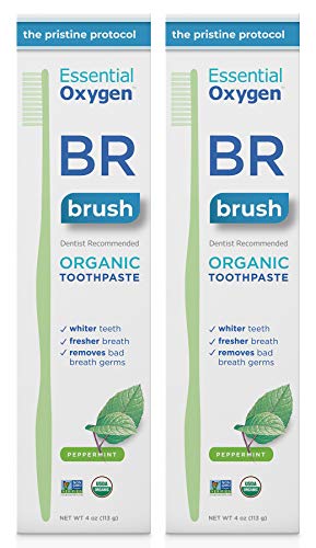 Essential Oxygen BR Certified Organic Toothpaste, for Whiter Teeth, Fresher Breath, Happier Gums, Tooth Sensitivity, Peppermint, 4 Ounce, 2 Count