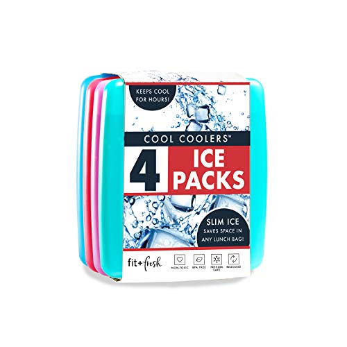 Fit + Fresh Cool Coolers Slim Ice Packs, Reusable Ice Packs for Lunch Bags, Beach Bags, Coolers, and More, Set of 4, Multicolored