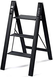 Delxo 2 in 1 Lightweight Aluminum 3 Step Ladder Stylish Invisible Connection Design Step Ladder with Anti-Slip Sturdy and Wide Pedal Ladder for Photography,Household and Painting 330lbs 3-FeetBlack