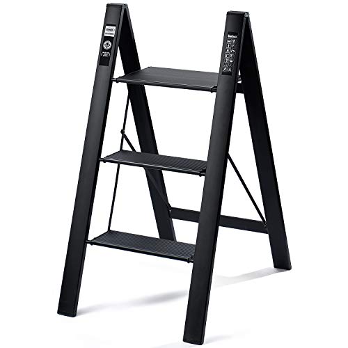 Delxo 2 in 1 Lightweight Aluminum 3 Step Ladder Stylish Invisible Connection Design Step Ladder with Anti-Slip Sturdy and Wide Pedal Ladder for Photography,Household and Painting 330lbs 3-FeetBlack