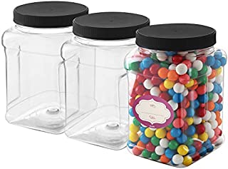 3 Pack - Half Gallon Large Clear Empty Plastic Storage Jars with Lids - Square Food Grade Air Tight Wide Mouth Container with Easy Grip Handles - BPA Free Multi-Purpose Jar