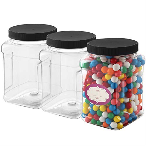 3 Pack - Half Gallon Large Clear Empty Plastic Storage Jars with Lids - Square Food Grade Air Tight Wide Mouth Container with Easy Grip Handles - BPA Free Multi-Purpose Jar