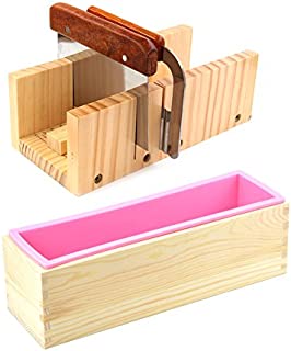 Peicees Adjustable Wooden Soap Loaf Cutter Mold and Soap Cutter Set - 1pcs Stainless Steel Straight Cutter + 1pcs Wavy Cutter + 1pcs Rectangle Silicone Mold with Wood Box