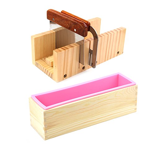 Peicees Adjustable Wooden Soap Loaf Cutter Mold and Soap Cutter Set - 1pcs Stainless Steel Straight Cutter + 1pcs Wavy Cutter + 1pcs Rectangle Silicone Mold with Wood Box