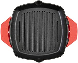 Cast Iron Grill Pan Skillet Square for Stove Top and Oven with Two Silicone Handles