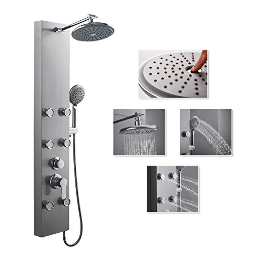 ROVATE 304 Stainless Steel Shower Panel Tower System, Wall Mounted Shower System with Adjustable Rainfall Shower Head, 6 Body Massage Spray and 5 Function Handheld Shower, Brushed Surface