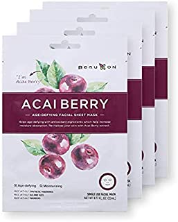 BeauKON Acai Berry Age-Defying Facial Sheet Mask, Korean Daily Face Mask, Anti-Aging Properties and Moisturizing (4 Pack)