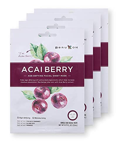 BeauKON Acai Berry Age-Defying Facial Sheet Mask, Korean Daily Face Mask, Anti-Aging Properties and Moisturizing (4 Pack)