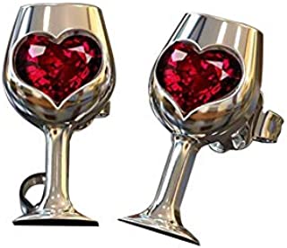 Tiny Red Crystal Heart Shape Wine Glass Stud Earrings, AILUOR Exquisite Fashion Love Wine Cheers Ear Stud Women Jewelry (Silver)