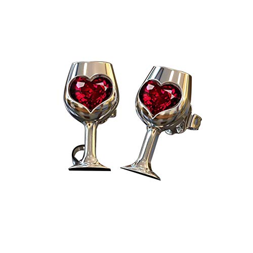 Tiny Red Crystal Heart Shape Wine Glass Stud Earrings, AILUOR Exquisite Fashion Love Wine Cheers Ear Stud Women Jewelry (Silver)