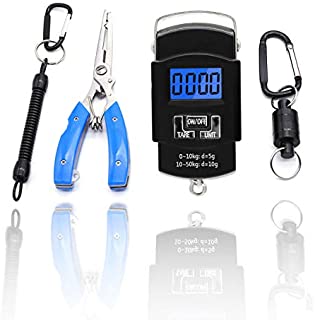 4 in 1Fishing Tool 110lb/50kg Electronic Hanging Hook Scale, Aluminum Fishing Pliers with Sheath, Strongest Magnetic Lanyard Net Release Shell, Coiled Lanyard Carabiner for Fly Fishing(4 Sets in Pack