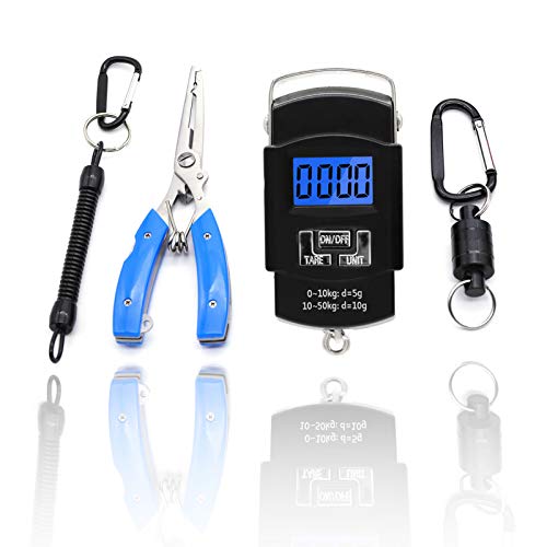 4 in 1Fishing Tool 110lb/50kg Electronic Hanging Hook Scale, Aluminum Fishing Pliers with Sheath, Strongest Magnetic Lanyard Net Release Shell, Coiled Lanyard Carabiner for Fly Fishing(4 Sets in Pack