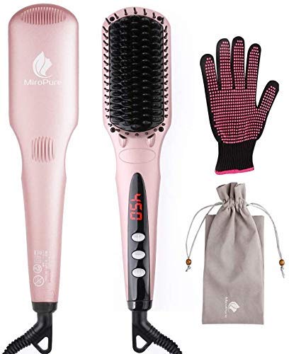 Enhanced Hair Straightener Heat Brush by MiroPure, 2-in-1 Ceramic Ionic Straightening Brush, Hot Comb with Anti-Scald Feature, Auto Temperature Lock & Auto-Off Function (Pink)