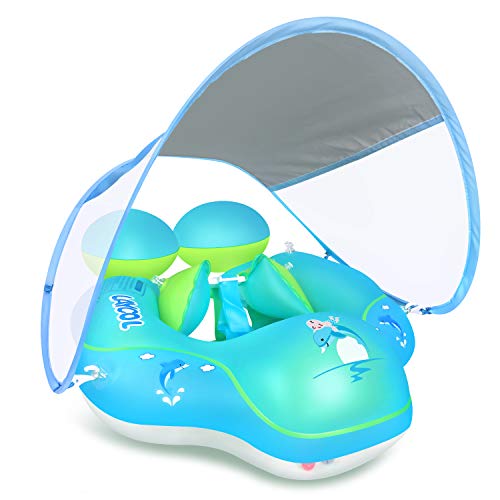 LAYCOL Baby Swimming Pool Float with Removable UPF 50+ UV Sun Protection Canopy,Toddler Inflatable Pool Float for Age of 3-36 Months,Swimming Trainer (Blue, L)