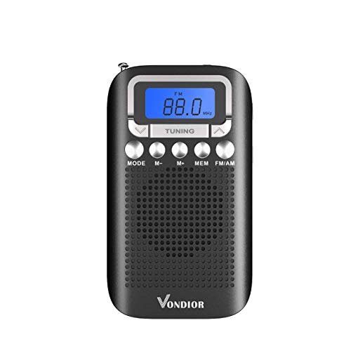 Digital AM FM Portable Pocket Radio with Alarm Clock- Best Reception and Longest Lasting. AM FM Compact Radio Player Operated by 2 AAA Battery, Stereo Headphone Socket (Black), by Vondior