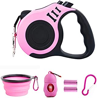 PETIMP Retractable Dog Leash Lightweight Portative 16FT Leash, with Folding Bowl,Dispenser,Rubbish Bags, for Small Medium Dogs(Pink)