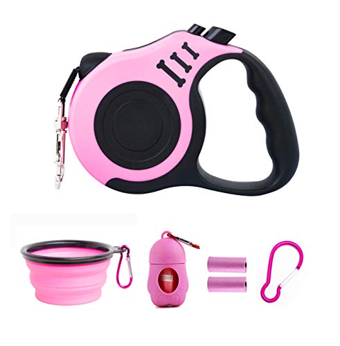 PETIMP Retractable Dog Leash Lightweight Portative 16FT Leash, with Folding Bowl,Dispenser,Rubbish Bags, for Small Medium Dogs(Pink)