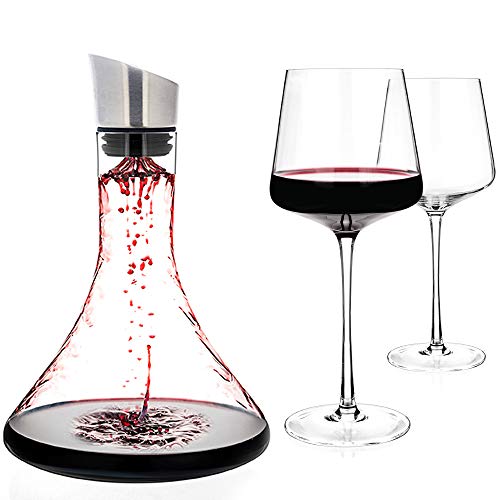 Luxbe - Wine Decanter 54-ounce and Aerator Pourer Lid - With Two Crystal Glasses Set - Hand Blown Lead-free Crystal Glass, Red Wine Carafe - Descanter with Stainless Steel Lid-Aerator, Filter, Pourer