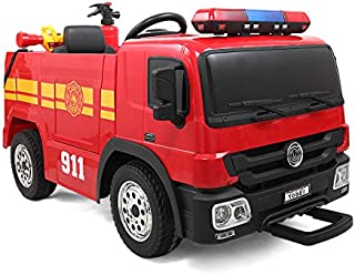 Sandinrayli 12V Kids Ride on Fire Engine with Parental Remote Control, Electric Fire Fighter Truck with Music Sire LED Alarm Lights, Fire Extinguisher and Water Gun