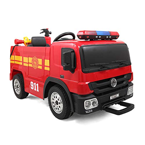 Sandinrayli 12V Kids Ride on Fire Engine with Parental Remote Control, Electric Fire Fighter Truck with Music Sire LED Alarm Lights, Fire Extinguisher and Water Gun