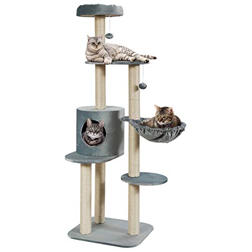 Tangkula 56.5 Inch Multi-Level Cat Tree, Kitten Climbing Cat Tower with Sisal-Covered Scratching Posts, Plush Perch, Condo & Basket Lounger, Pet Furniture Cat Activity Center Play House (Light Gray)