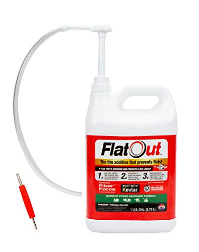 FlatOut 25120 Tire Sealant (Outdoor Power Equipment Formula), Great for Lawn Mowers, Small Tractors, Wheelbarrows, Woodchippers, Snow Blowers and More, 1-Gallon with Valve Core Tool