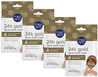 Miss Spa Illuminating 24K Gold Facial Sheet Mask Set, Antioxidant-Rich Peptides, Hydrated Glowing Complexion, Anti-Aging, Anti-Wrinkle, Skin Care for Women, 4-Pack