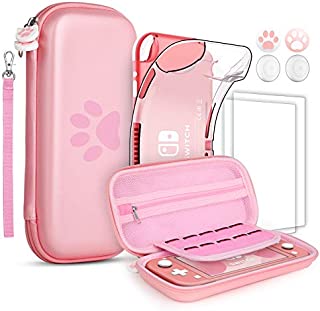 GeeRic 8PCS Case Compatible with Switch Lite, (Not Compatible with Switch) Carrying Case Accessories Kit, 1 Soft Silicon Case + 2 Screen Protector + 4 Thumb Caps + 1 Storage Carrying Bag Pink