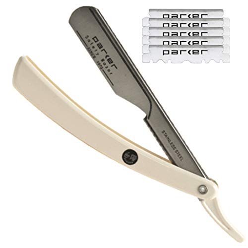 Parker PTW Push Type Blade Load Professional Straight Edge Barber / Shavette Razor with Stainless Steel Blade Arm and 5 Parker Premium Platinum Blades