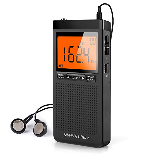 NOAA Weather Alert Radio, Portable AM/FM Battery Operated Transistor Radio with Headphone Jack, Best Reception, Digital Clock, LCD Display, Pocket Radio for Office, Bedroom, Running, Walking