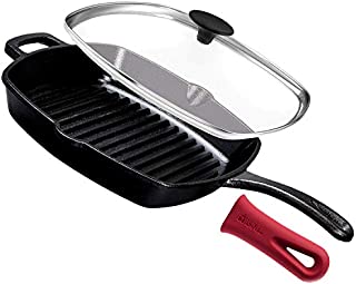 Cast Iron Square Grill Pan with Glass Lid - 10.5 Inch Pre-Seasoned Skillet with Handle Cover and Pan Scraper - Grill, Stovetop, Induction Safe - Indoor and Outdoor Use - for Grilling, Frying, Sauteing