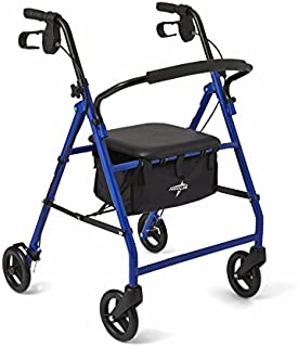 Medline Steel Foldable Adult Transport Rollator Mobility Walker with 6 Wheels, Blue