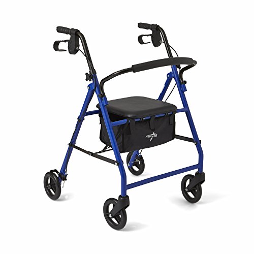 Medline Steel Foldable Adult Transport Rollator Mobility Walker with 6 Wheels, Blue