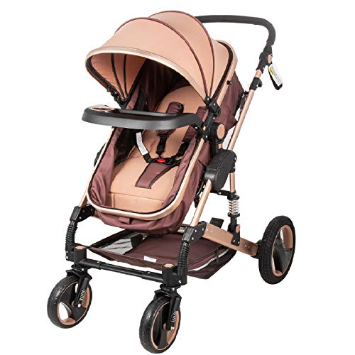 Happybuy Baby Stroller 2 in 1 Khaki Portable Baby Carriage Stroller Anti-Shock Springs Foldable Luxury Baby Stroller Adjustable High View Pram Travel System Infant Carriage Pushchair