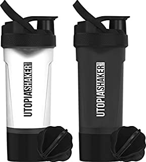 Utopia Home Pack of 2 -Shaker Bottle - BPA Free & Leakproof - Classic Protein Mixer Shaker Bottle with Twist and Lock Protein Box Storage (All Black & Clear/Black)