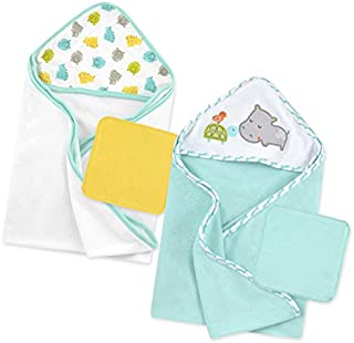 Just Born Boys and Girls Newborn Infant Baby Toddler Bath Baby Hooded Towel and Washcloth 4-Pack, Grey/Green/Hippo, One Size